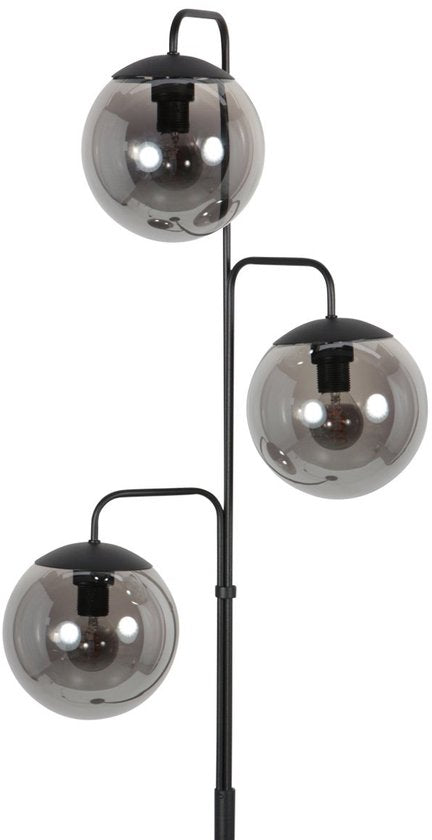Vloerlamp Bollique 4611ZW van Steinhauer - Stijlvol zwart metaal met 3 smoke glazen bollen, hoogte 173 cm, ronde voet 40 cm, perfect voor binnengebruik