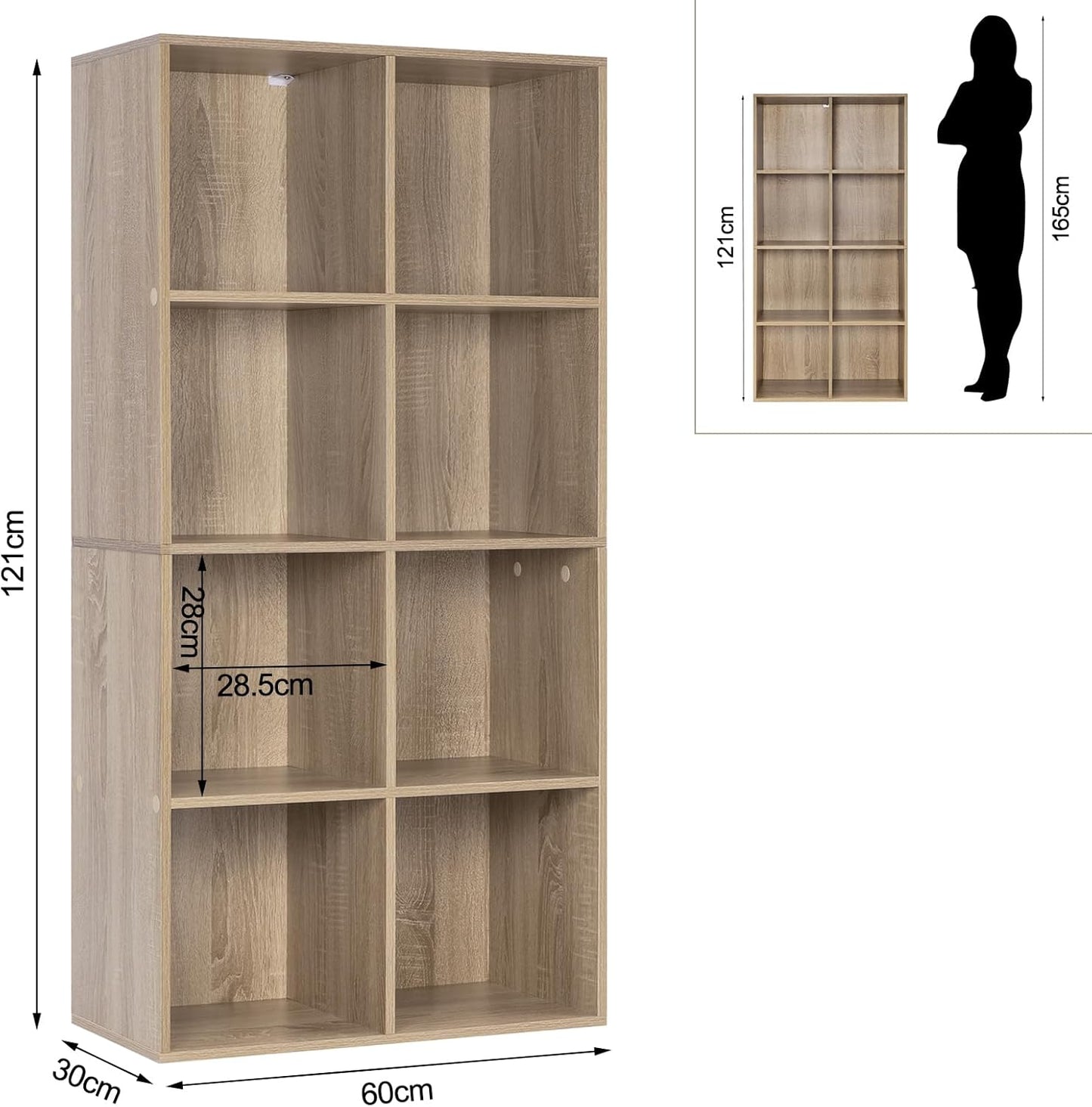WOLTU Boekenkast 8 Compartimenten - Licht Eiken - 60x29,5x121cm