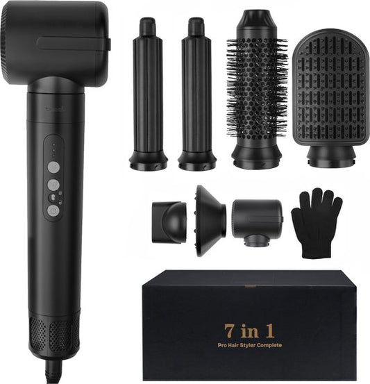 Saaf Fohnborstel 7 in 1 - 8 Delige set - Fohn - Stijl- en Krulborstel - Hairwrap - Airstyler - Multistyler - Zwart