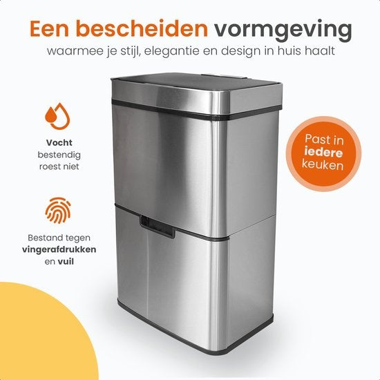 Goliving Automatische Prullenbak Afvalscheiding 64 Liter – Sensor Afvalbak – Handsfree sensor – Afvalemmers – Vuilnisbak voor Binnen – RVS – 40L + 2x12L + 8L – Zilver