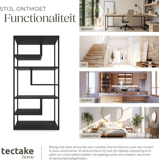 tectake® Wandkast Venda - 85 x 35 x 188 cm - Industriële Look - Stalen Frame - Kast met Kantelbeveiliging - Boekenkast met 6 Asymmetrische Vakken - Moderne Opbergkast voor Woonkamer, Keuken of Slaapkamer
