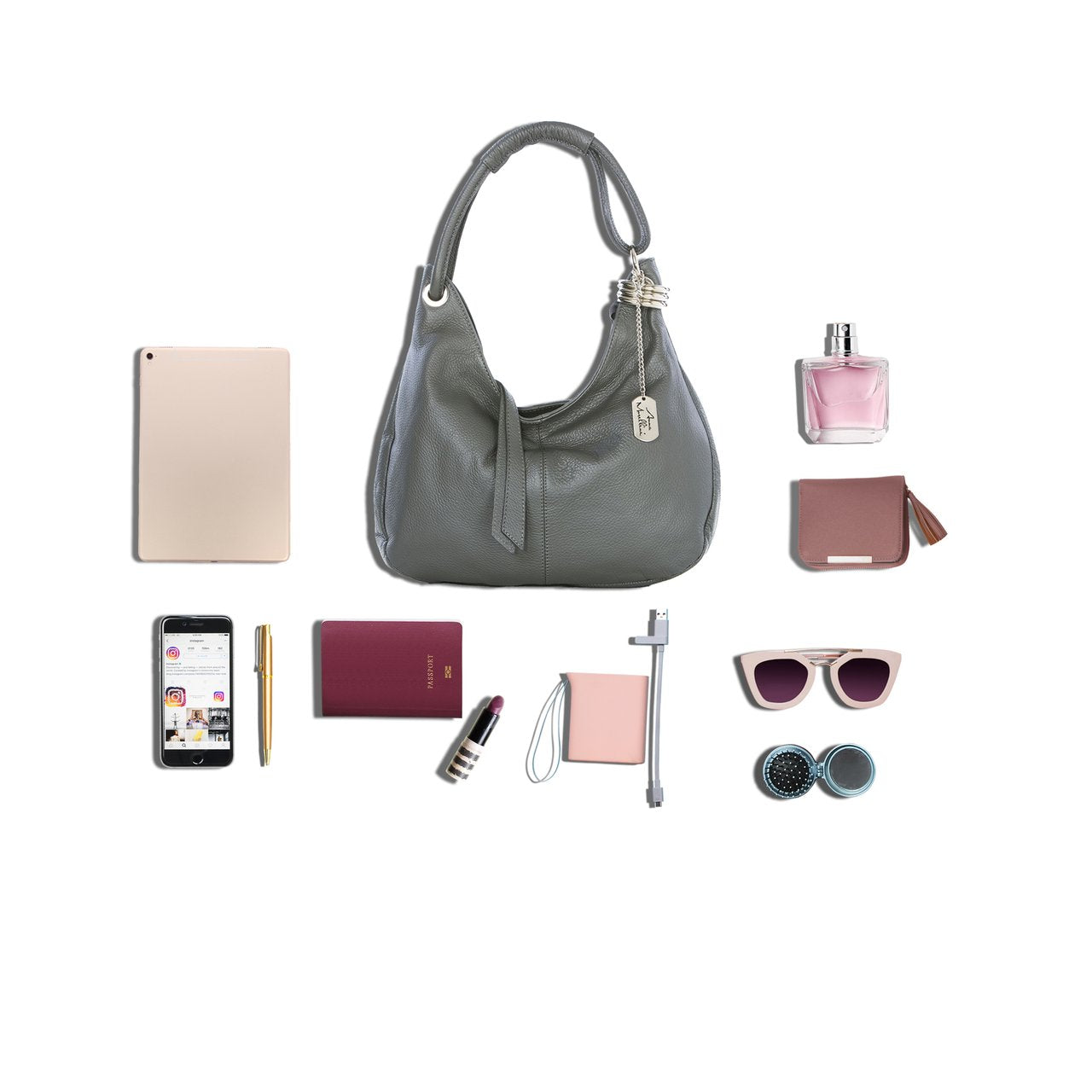Anna Morellini Alba Hobo Bag - Echt Runderleer - Ash - 38 x 34 x 10 cm