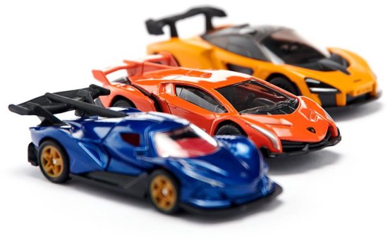 SIKU 6328, Cadeauset Supercars, Lamborghini Veneno, Apollo I.E., McLaren Senna, beweegbare onderdelen, incl. verkeersbord en flitspaal