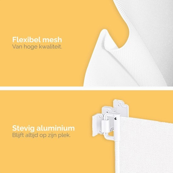 Goliving Oprolbaar Traphekje - Veiligheidshekje - Kinderhekje - Push & Turn - 10 tot 150 cm Breed - Aluminium frame - Mesh - Wit