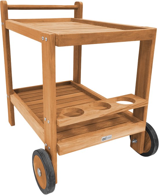 AXI Miri Teak Serveerwagen – 70 x 48 x 70 cm - Teakhout – Met 2 Wielen en 3 Flessenhouders – Buiten en Binnen – Voor Tuin, Terras en Balkon