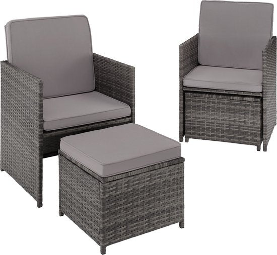 tectake® - wicker zitgroep, 5-delige lounge tuinmeubelset met tafel, fauteuil en kruk, eetgroep voor maximaal 4 personen, tuin- en balkonmeubilair inclusief kussens – grijs - poly-rattan