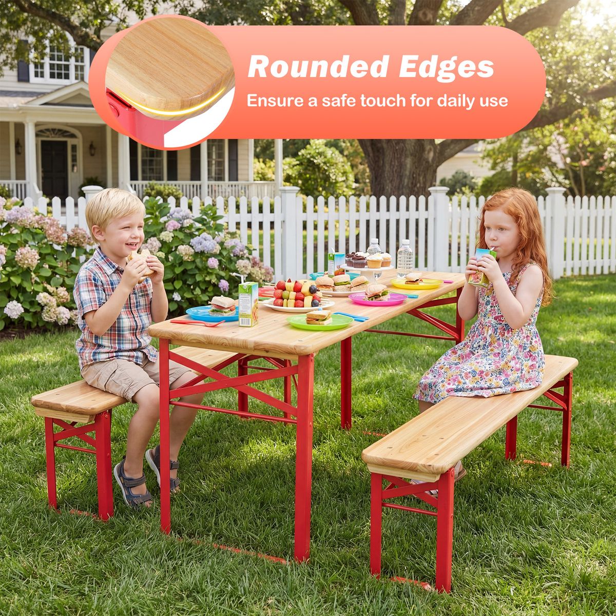 Coast Kinderpicknickset - opvouwbare picknicktafel met 2 banken - vurenhout en metaal - rood