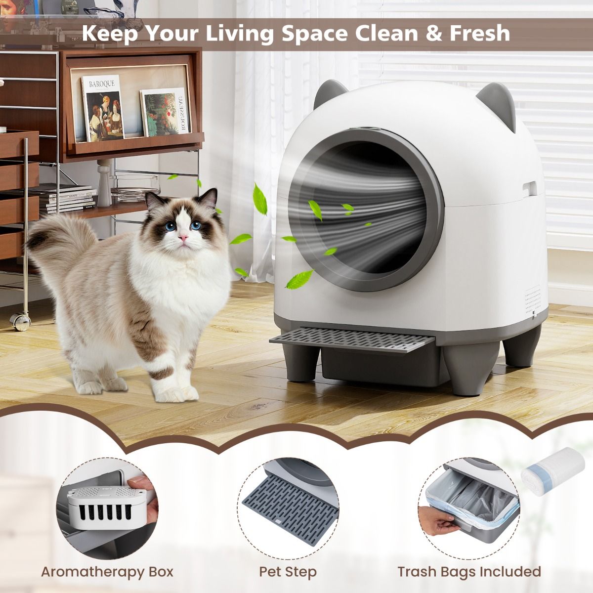 Coast Zelfreinigende Kattenbak - automatische kattenbak met app-bediening - fluisterstil - 80 liter - wit