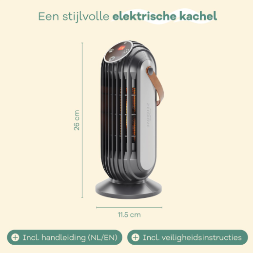 Zenwave Elektrische Kachel - 1500W - Display - Timer - 11,5 x 11,5 x 26 cm - Zwart