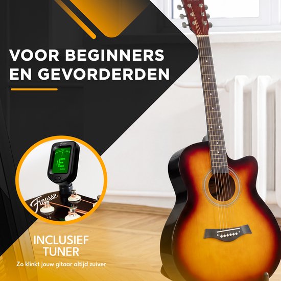 Finesse Akoestische Gitaar - met Videocursus - 4/4 40" - Western Gitaar - Gitaar Kind & Volwassenen - Sunburst