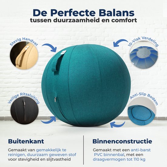 Backerz Zitbal 65 CM - Zitballen met Hoes Linnen - Ergonomische Bureaustoel Kantoor en Thuis - Luxe Yoga Bal - Groen Blauw