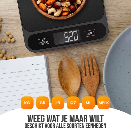 Strex Keukenweegschaal Digitaal - Weegschaal Keuken - 1 g tot 10 kg - Tarra Functie - Inclusief Batterijen - Zwart