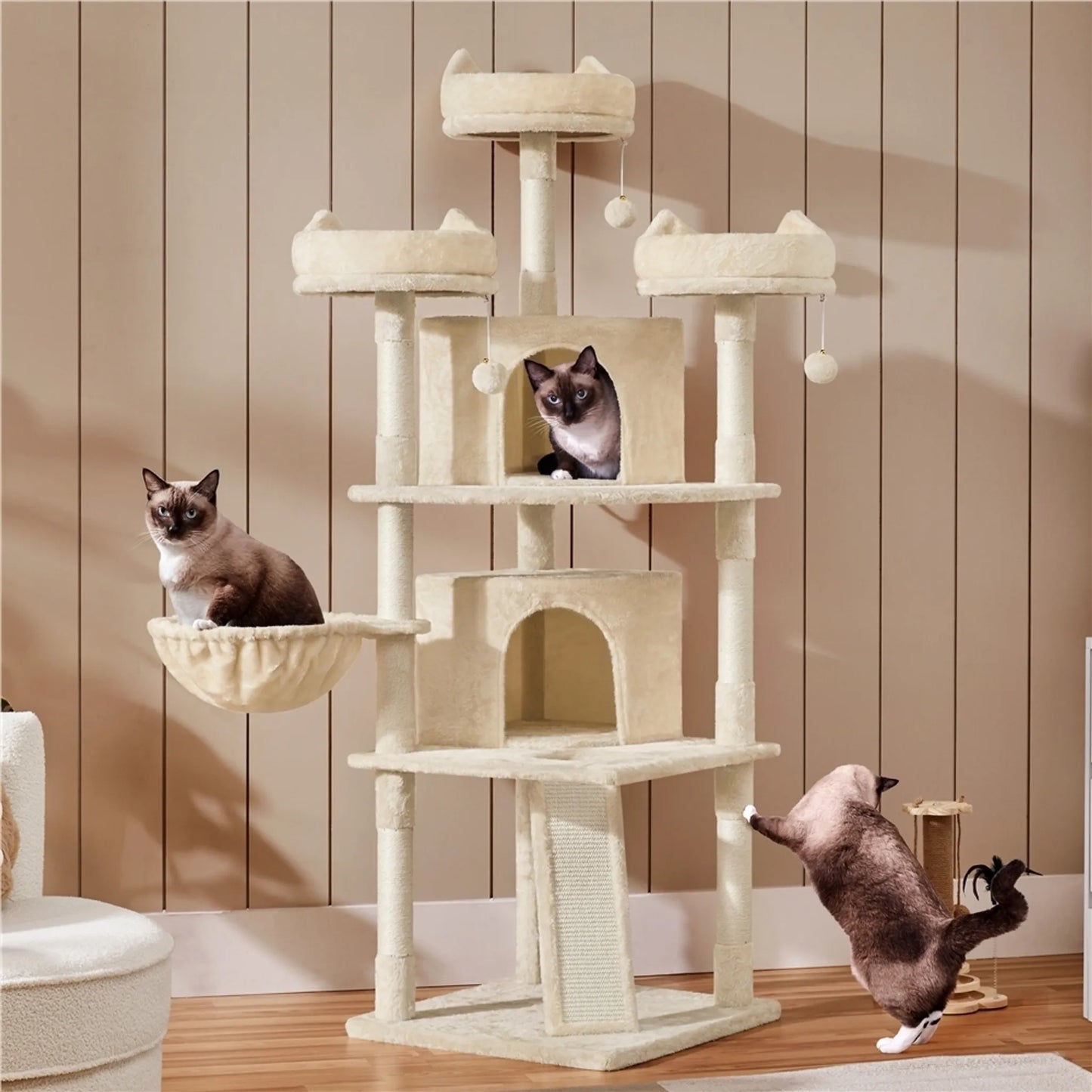 Yaheetech Krabpaal XXL Met 3 Uitkijkplatformen – Voorzien Van 2 Kattenholen En Krabplank En Anti-kantelsysteem – Voor Huishoudens Met Meerdere Katten – Beige Pluche En Sisal – 55,5 x 55,5 x 175 cm