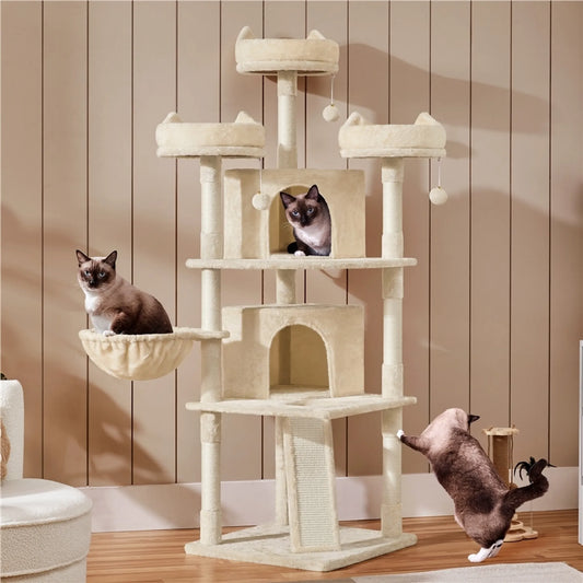 Yaheetech Krabpaal XXL Met 3 Uitkijkplatformen – Voorzien Van 2 Kattenholen En Krabplank En Anti-kantelsysteem – Voor Huishoudens Met Meerdere Katten – Beige Pluche En Sisal – 55,5 x 55,5 x 175 cm