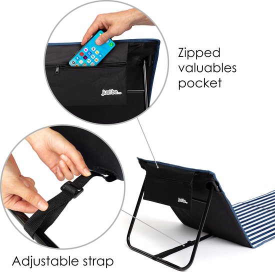 Opvouwbare strandmat - ligstoel - verstelbare rugleuning - makkelijk draagbaar - lichtgewicht - opbergvak met rits (blauw/wit gestreept verticaal)