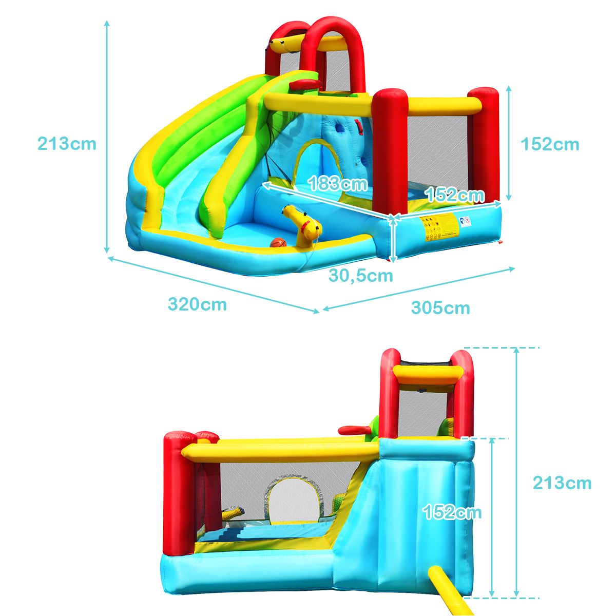 Coast Opblaasbaar Springkasteel 6-in-1 - Gebogen glijbaan - Klimmuur en waterkanon - 320 x 305 x 213 cm