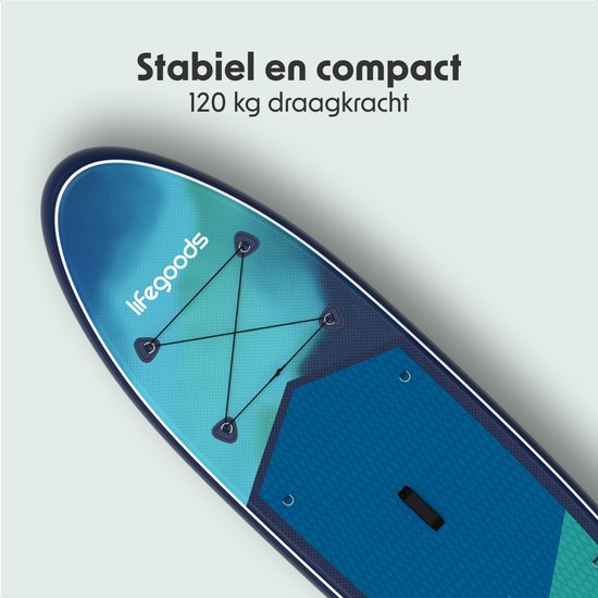 LifeGoods SUP Board Allround Compact - met Zitje - 100 KG Draagkracht - 300 x 76 cm - Opblaasbaar - Compleet SUP pakket - Blauw/Groen
