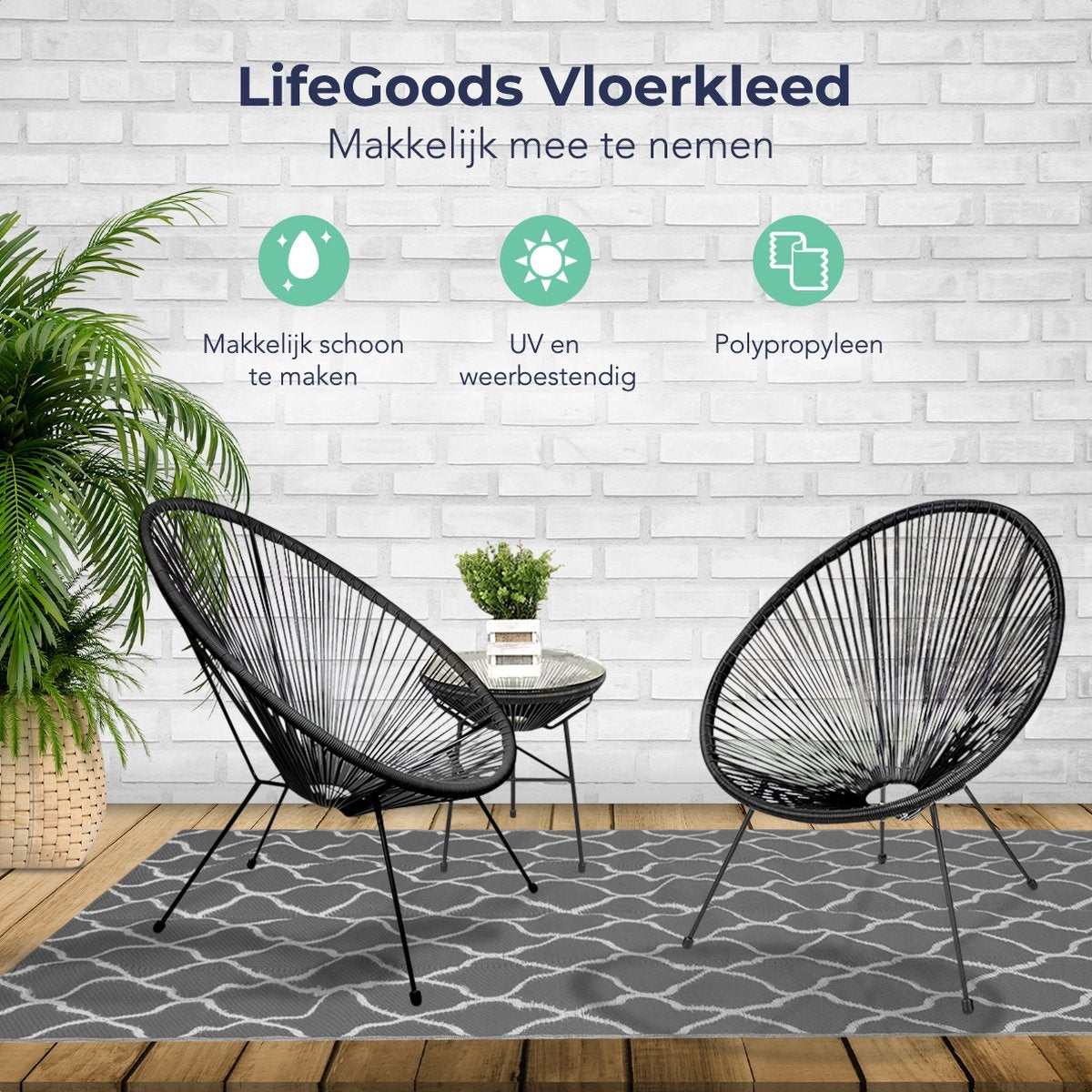 LifeGoods Buitenkleed - 120x180CM - Vloerkleed - Tuintapijt - Omkeerbaar - Incl. Draagtas - Met Patroon - Grijs/Wit