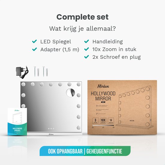 Mirlux Hollywood Spiegel 58x48CM – Bluetooth Spiegel met 2 Luidsprekers – Make Up Spiegel met Verlichting – 15x LED Lampen – 3 Lichtstanden – 10x Vergroting – Hollywood Spiegel met USB & USB-C – Luxe Witte Make-Up Spiegel voor Kaptafel of Badkamer