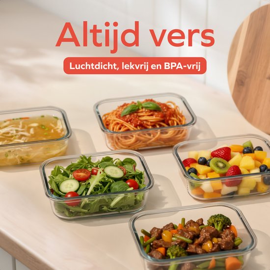 KitchenBrothers Meal Prep Bakjes - Glazen Vershoudbakjes - Luchtdicht - BPA en PFAS Vrij - 1L - Glas - 10 Stuks
