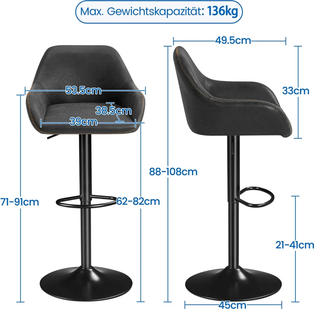 Yaheetech Barkrukken Set van 2 – Zwart Kunstleer – Verstelbaar 87,5–107,5 cm – 360° Draaibaar met Rugleuning en Voetsteun