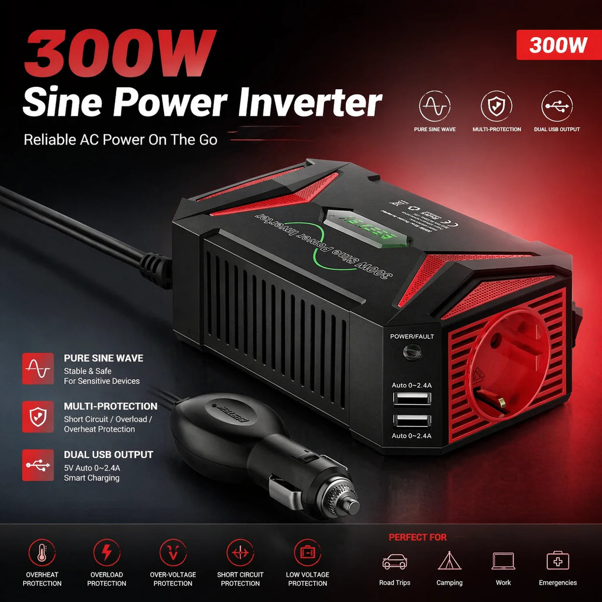 BESTEK Zuivere Sinus Omvormer - 12 V naar 230 V - 300 W - Rood