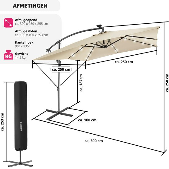 tectake® - Parasol 250cm met Solar Led Verlichting - Parasols - Zweefparasol - Zonneenergie - Incl. zonnepaneel - Tuinverlichting - beige