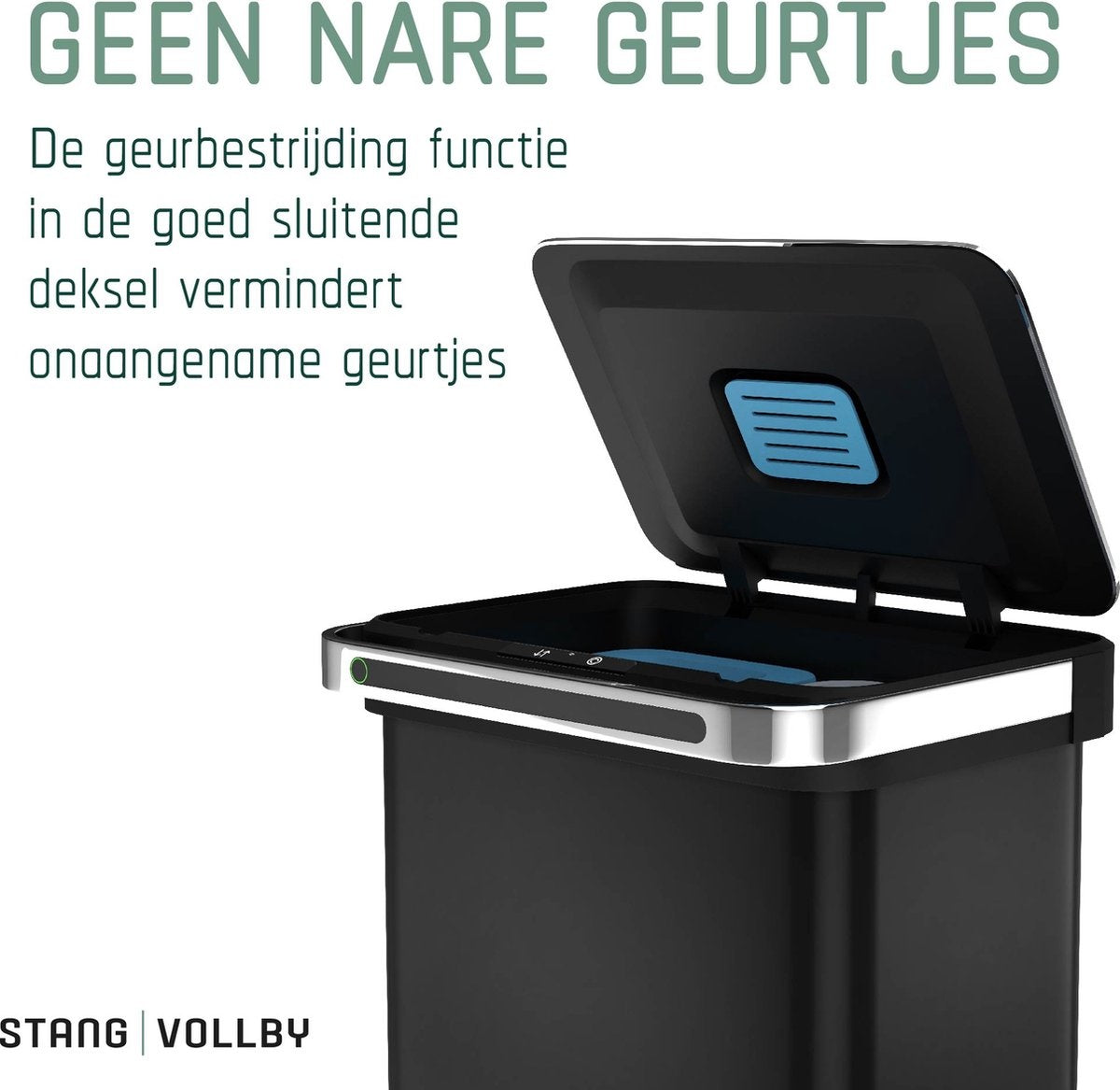 StangVollby Halden Prullenbak met Sensor - 60 Liter - 4 Compartimenten - Soft Close - Zwart