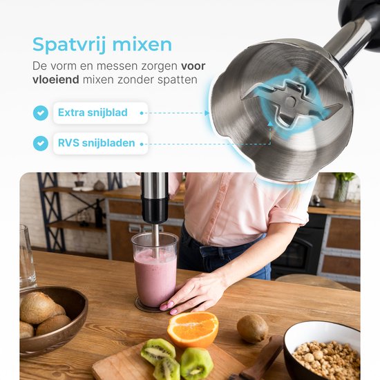 Goodforce 7 delige Staafmixer set – Inclusief Hakmolen, garde, melkopschuimer, klopper & Maatbeker – krachtig & vaatwasserbestendig – 12 snelheden + turbofunctie – 1000W – PFAS-vrij