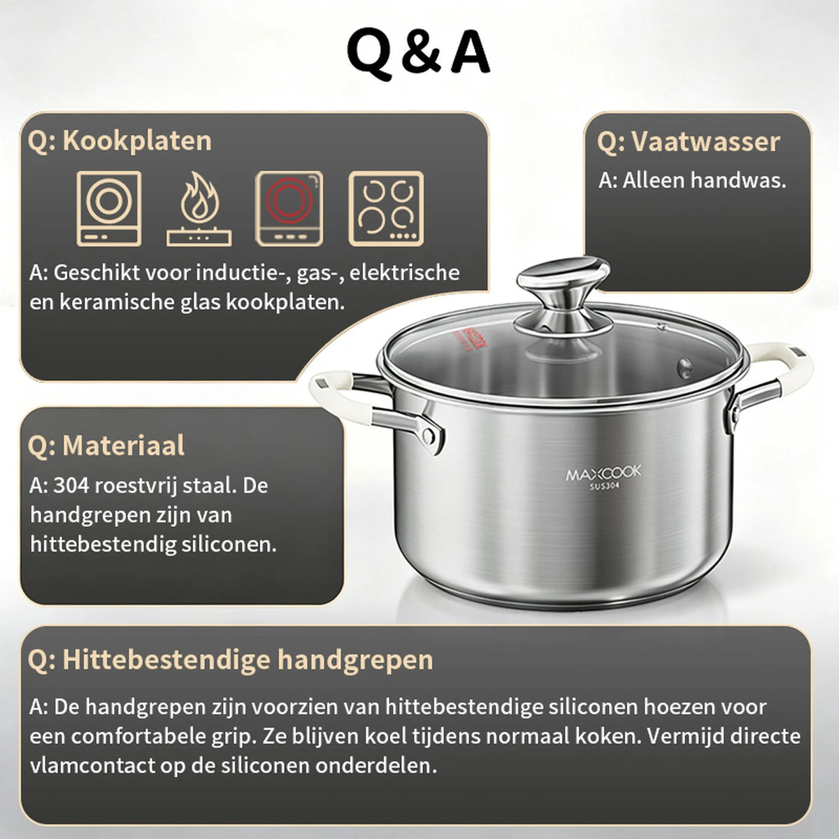 MAXCOOK Soeppan Ø22 cm - 4,3 Liter - RVS 304 - Geschikt voor Inductie - Glazen Deksel - Siliconen Handgrepen