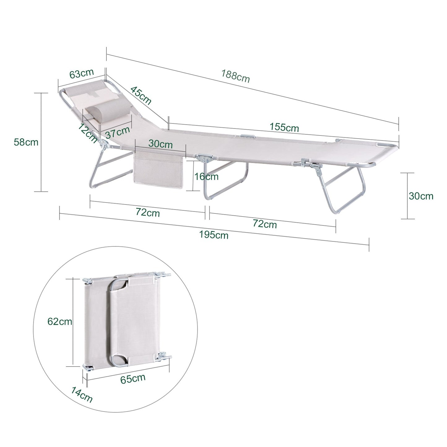 SoBuy Ligbed - Opvouwbaar - Max. 120 kg - 195 x 63 x 30 cm - Wit