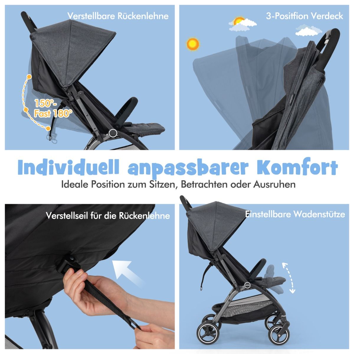 Coast Kinderwagen - lichtgewicht en inklapbaar - verstelbare rugleuning en zonnekap - grijs