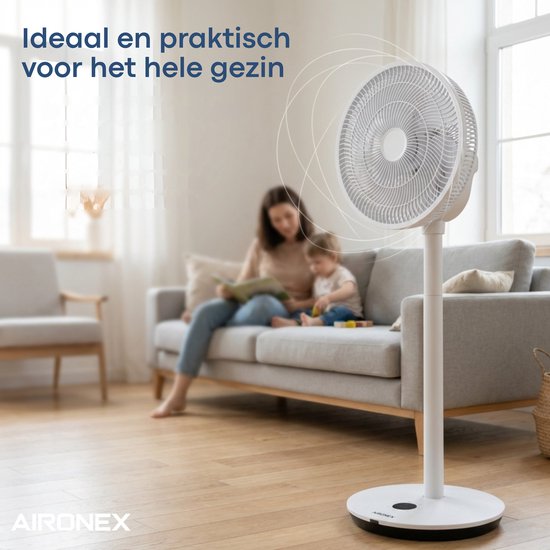 Aironex Ventilator - Stille Statiefventilator met 26 snelheden - App bediening - Laag verbruik - Wit - Met Aromafunctie en Wifi - Timer en Nachtmodus - In hoogte verstelbaar - Horizontale + Verticale oscillatie