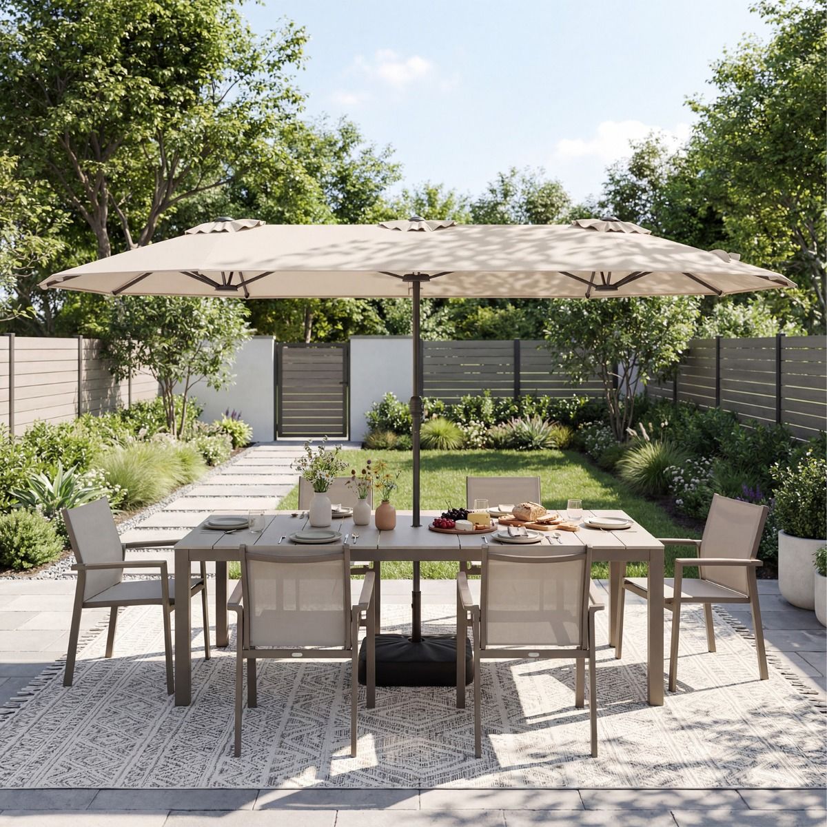 Coast dubbele terrasparasol - extra groot - met zwengel en verzwaarde voet - beige 400 x 212 cm