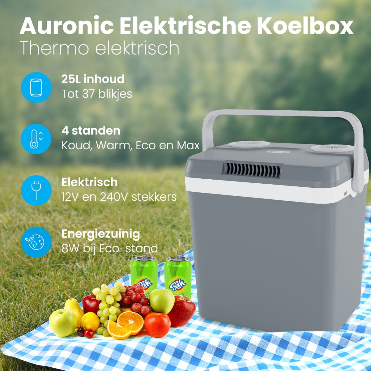 Auronic Elektrische Koelbox 25L - Koelen en Verwarmen - Auto en Camping - 44 x 32 x 44,7 cm - Grijs