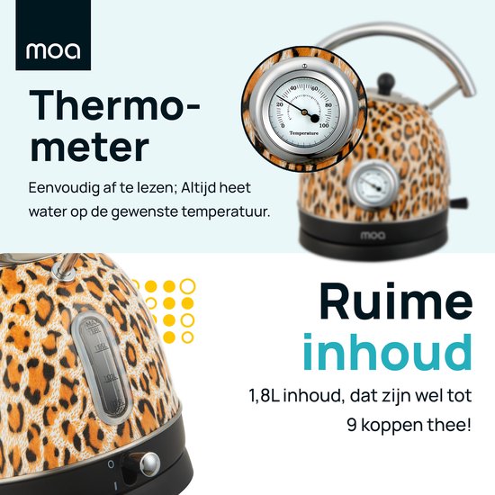 MOA Waterkoker Retro - 1,8 Liter - Elektrische Waterkoker - BPA-vrij - Anti Calcium Filter - RVS - 2200W - Panterprint