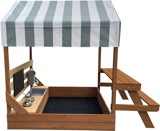 AXI Bo Zandbak & Speelhuisje 159 x 105 cm met Speelkeuken en Picknicktafel Bruin – FSC hout – Met Krijtbord en 6-delig Zandbak Accessoireset – Inclusief afdekzeil en gronddoek – 10 jaar garantie