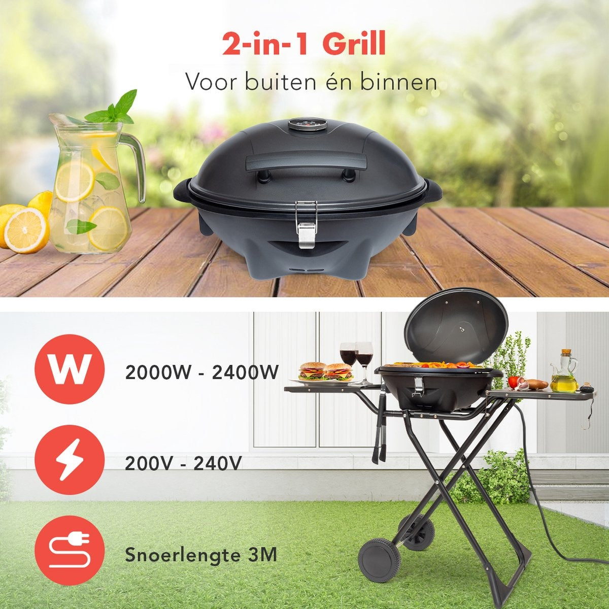 KitchenBrothers Elektrische BBQ - met Wielen - Opvouwbaar - Anti-aanbaklaag - 46,5 x 33,8cm - tot 250°C - 2400W - Zwart