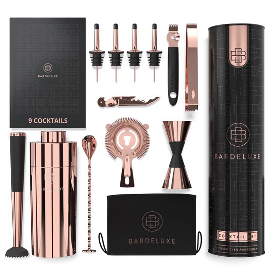 BarDeluxe® Cocktail Set - 12-Delig - Cocktailshaker 750 ml - Roestvrij Staal - Inclusief Luxe Geschenkdoos - Opbergtasje & Receptenboek - Rosé Goud