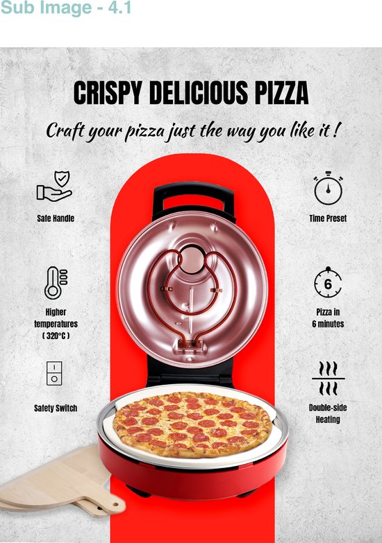 Bestron Turbo Pizzaoven voor pizza's in 5-10 minuten, elektrische pizzaoven met echte maximumtemperatuur van 320°C, inclusief pizzasteen en 2 grote houten spatels, Viva Italia, kleur: Rood