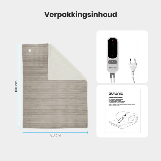 Auronic Elektrische Deken - 160 x 120cm - Warmtedeken - 1 Persoons - 3 Warmtestanden - Pluche - Taupe