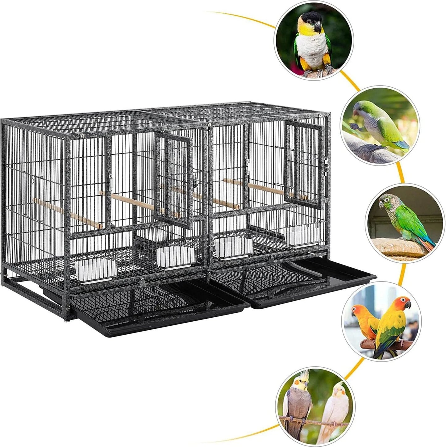 Yaheetech Vogelkooi Met Tussenschot – Voorzien Van 1 cm Tralieafstand En 4 Voerbakjes En Uitneembare Bodemlade – Voor Parkieten En Kanaries – Zwart Gepoedercoat Metaal – 95,5 x 45,5 x 105 cm