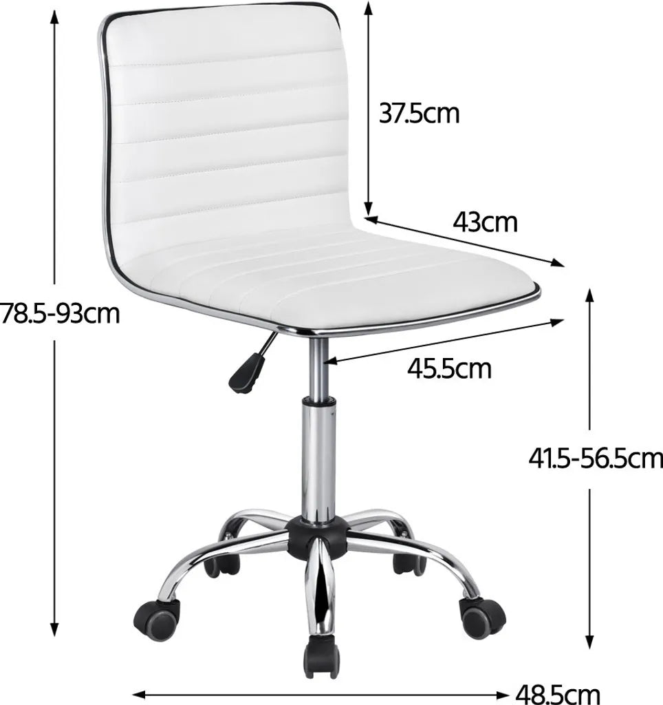Yaheetech Bureaustoel Zonder Armleuningen 48,5 x 48,5 x 78,5-93 cm - Wit - Verstelbare Draaistoel met Wielen