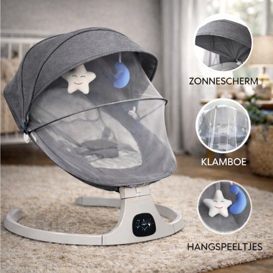 Oemmie Elektrische wipstoel - Baby swing - Schommelstoel baby - Baby wipstoel - Inclusief bluetoothfunctie en afstandsbediening - 5 Schommelstanden - Grijs