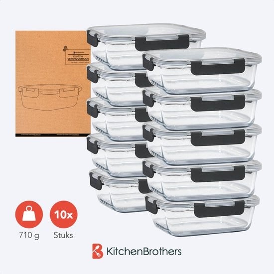 KitchenBrothers Glas Meal Prep Set – 10 stuks: 5×1 Liter & 5×370 ml Bewaarbakken