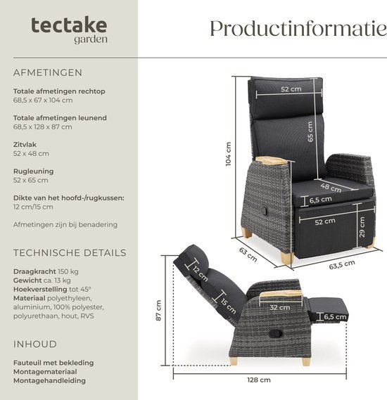 tectake® - Wicker buitenfauteuil - Stoel met hoge rugleuning - Voetsteun en verstelbare rugleuning - Relaxstoel met ligfunctie - Loungemeubel voor tuin - Ligstoel - Leesstoel - Incl. ruimte voor beker/glas