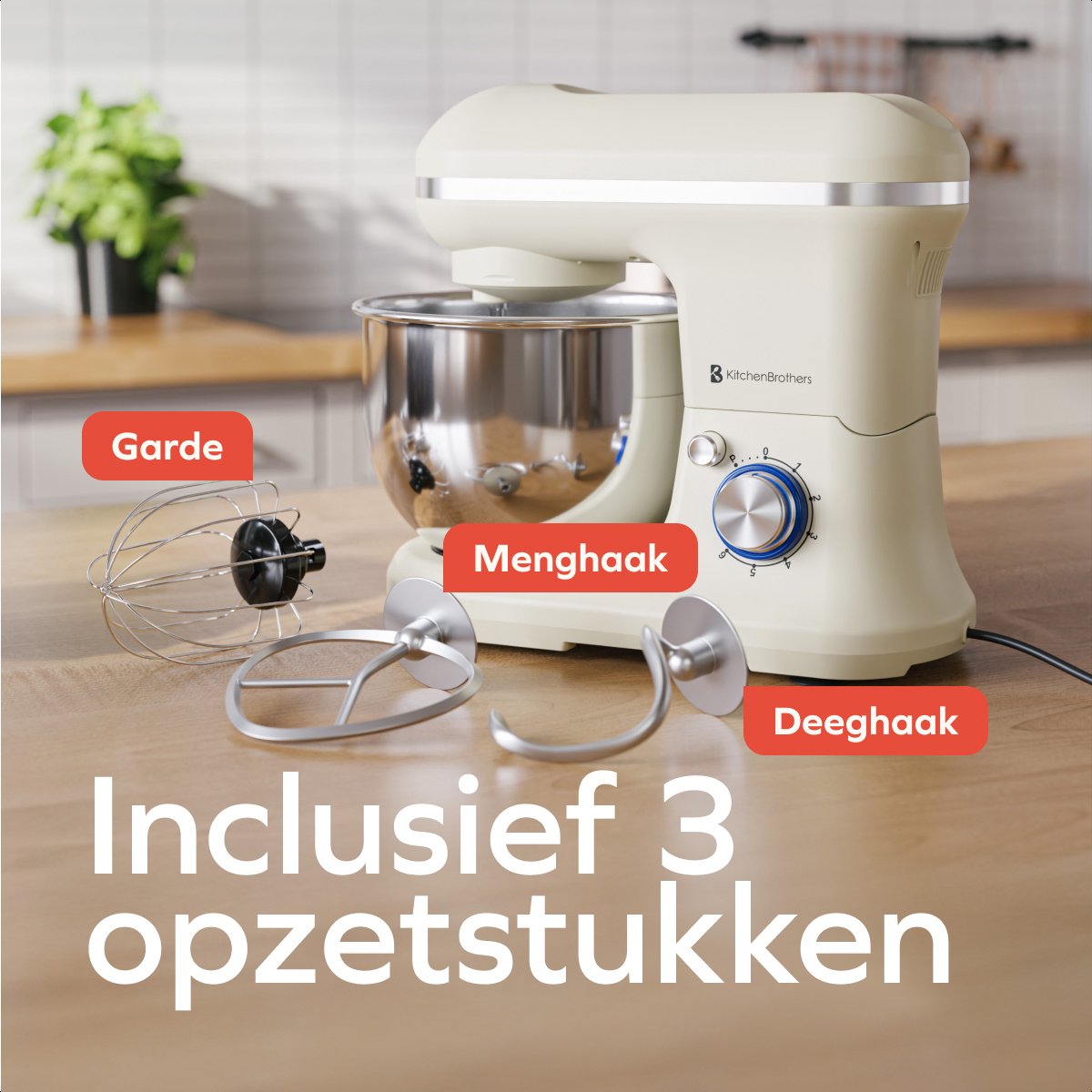 KitchenBrothers Keukenmachine – 1200W – 5L Mengkom – 6 Snelheden + Pulse – Keukenrobot met Kneedhaak, Garde & Menghaak – Champagne