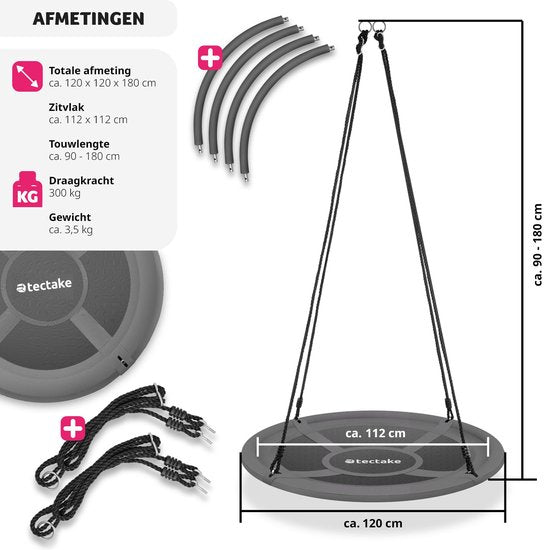 tectake® nestschommel - mandschommel met een draagvermogen tot 300 kg - schommel voor kinderen en volwassenen - buitentuinschommel of binnenhangstoel - speelgoed voor in de tuin of kinderkamer (AFMETINGEN Ø 120 cm)