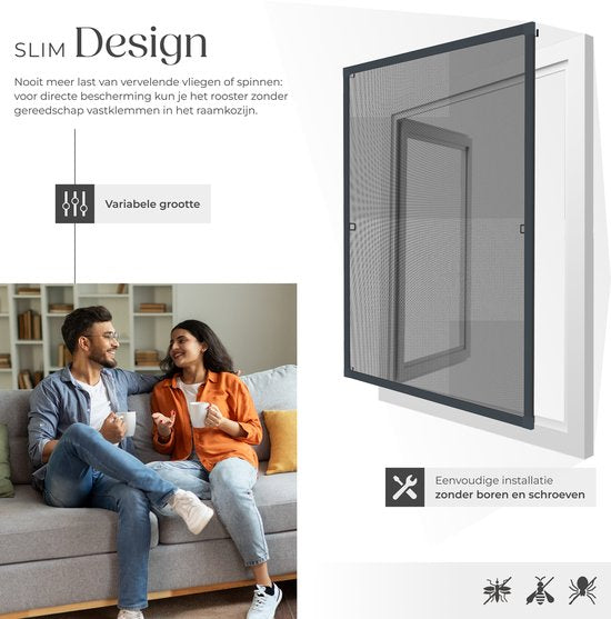 tectake® Inzethor - Raamhor - 130 x 150 cm - Voor Raamkozijnen, op maat verstelbaar zonder boren en schroeven - Muggengaas - Antraciet