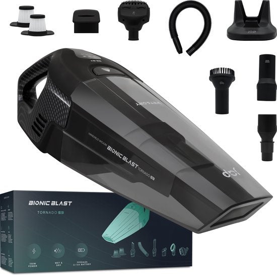 JAP Appliances Tornado S3C - Kruimeldief snoerloos (150W) met oplaadhangsysteem - 5 Opzetstukken en 2 HEPA-filters - Nat en Droog handstofzuiger - Kruimelzuiger draadloos - Auto stofzuiger